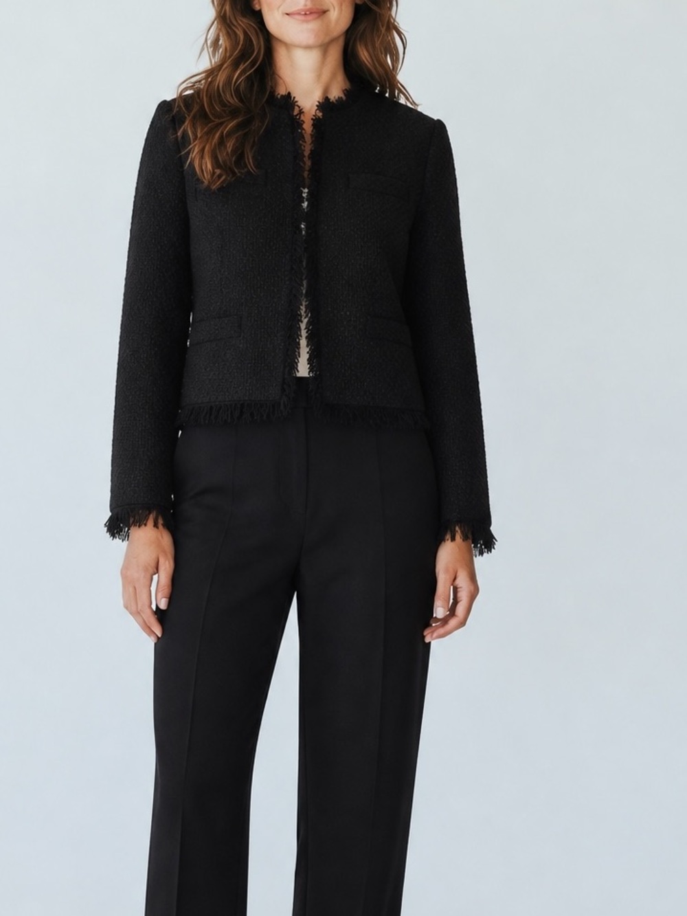 Venus Women’s Black Bouclé Tweed look Fringe Trim Cropped Jacket Textured US 12